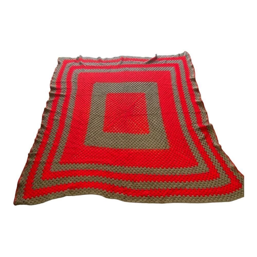 Handmade Hand Crochet Red & Gray Ohio State Square Print Throw Print Blanket